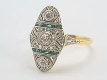 Load image into Gallery viewer, 0284: Antique: 18ct Gold Art Deco Emeralds Diamond Panel Ring- an exquisite antique ring
