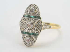 0284: Antique: 18ct Gold Art Deco Emeralds Diamond Panel Ring- an exquisite antique ring