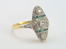 Load image into Gallery viewer, 0284: Antique: 18ct Gold Art Deco Emeralds Diamond Panel Ring- an exquisite antique ring
