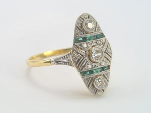 0284: Antique: 18ct Gold Art Deco Emeralds Diamond Panel Ring- an exquisite antique ring