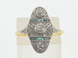 0284: Antique: 18ct Gold Art Deco Emeralds Diamond Panel Ring- an exquisite antique ring