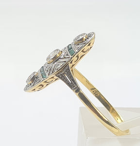 0284: Antique: 18ct Gold Art Deco Emeralds Diamond Panel Ring- an exquisite antique ring