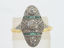 Load image into Gallery viewer, 0284: Antique: 18ct Gold Art Deco Emeralds Diamond Panel Ring- an exquisite antique ring
