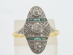 0284: Antique: 18ct Gold Art Deco Emeralds Diamond Panel Ring- an exquisite antique ring