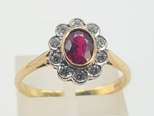 Load image into Gallery viewer, 0770: Vintage 18ct Gold Ruby 10 Diamonds Flower Head Ring- exquisite
