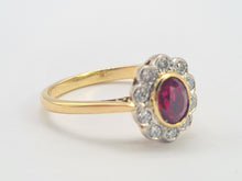 Load image into Gallery viewer, 0770: Vintage 18ct Gold Ruby 10 Diamonds Flower Head Ring- exquisite
