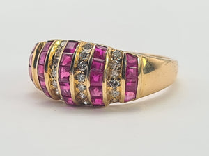 5984: Vintage: 18ct Gold Art Deco Style Rubies Diamonds Cocktail Ring- sparkling symmetry, lovely stones