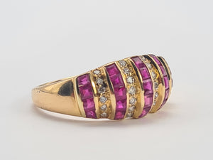 5984: Vintage: 18ct Gold Art Deco Style Rubies Diamonds Cocktail Ring- sparkling symmetry, lovely stones