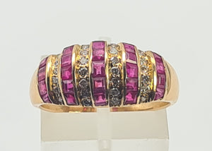 5984: Vintage: 18ct Gold Art Deco Style Rubies Diamonds Cocktail Ring- sparkling symmetry, lovely stones