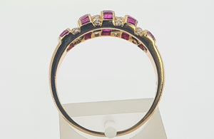 5984: Vintage: 18ct Gold Art Deco Style Rubies Diamonds Cocktail Ring- sparkling symmetry, lovely stones