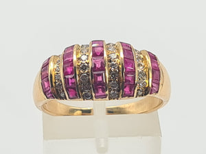 5984: Vintage: 18ct Gold Art Deco Style Rubies Diamonds Cocktail Ring- sparkling symmetry, lovely stones