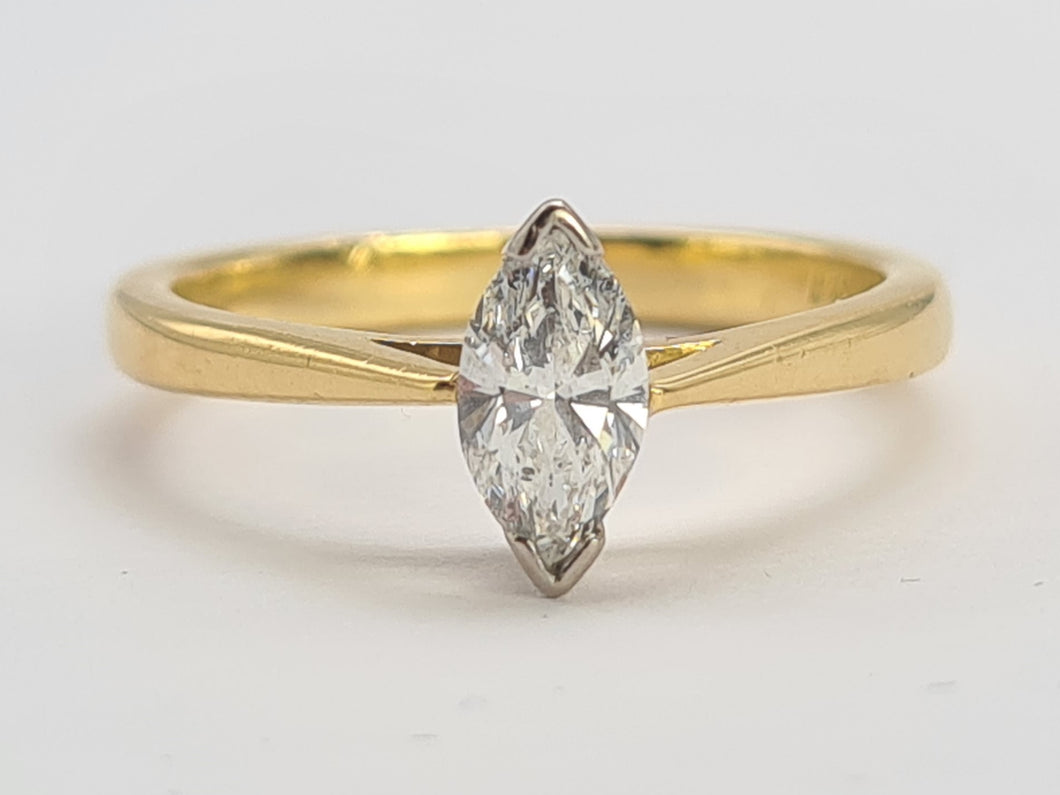 0109:Vintage 18ct Gold Marquise Cut Diamond Solitaire- 0.41ct, VS2 clarity, colour E/F stone