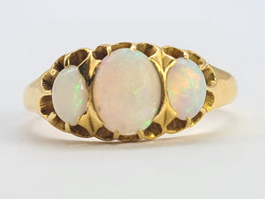 0575:Antique; 18ct Gold Vivid White Opals Trilogy Ring- Date- Mark 1908