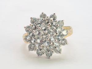 0728: Vintage; 9ct Gold Blue Aquamarines Flower Head Cluster Ring