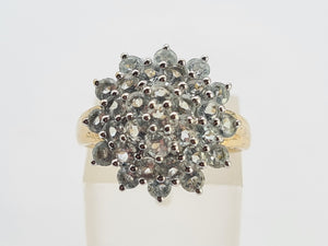 0728: Vintage; 9ct Gold Blue Aquamarines Flower Head Cluster Ring