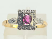 Load image into Gallery viewer, 0669: Art Deco- 18ct Gold Ruby 18 Diamonds Geometric Set ring,
