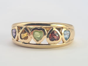 0734: Vintage: 9ct Gold Heart Cut Muti-Gems Stacker/Dress Ring- beautifully matched