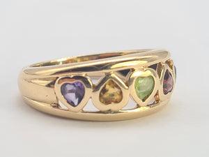 0734: Vintage: 9ct Gold Heart Cut Muti-Gems Stacker/Dress Ring- beautifully matched