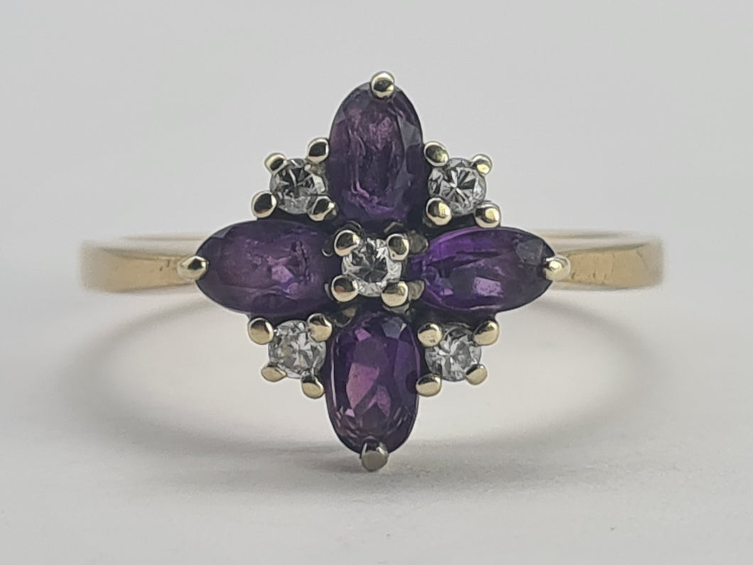 0736: Vintage; 9ct Gold Rich Purple Amethyst Diamonds Geometric Set Cocktail Ring- sparkling symmetry