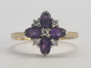 0736: Vintage; 9ct Gold Rich Purple Amethyst Diamonds Geometric Set Cocktail Ring- sparkling symmetry