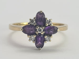 0736: Vintage; 9ct Gold Rich Purple Amethyst Diamonds Geometric Set Cocktail Ring- sparkling symmetry