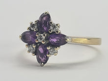 Load image into Gallery viewer, 0736: Vintage; 9ct Gold Rich Purple Amethyst Diamonds Geometric Set Cocktail Ring- sparkling symmetry
