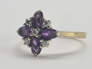 0736: Vintage; 9ct Gold Rich Purple Amethyst Diamonds Geometric Set Cocktail Ring- sparkling symmetry