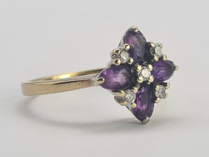 0736: Vintage; 9ct Gold Rich Purple Amethyst Diamonds Geometric Set Cocktail Ring- sparkling symmetry