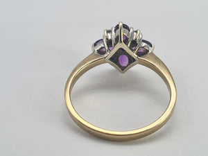 0736: Vintage; 9ct Gold Rich Purple Amethyst Diamonds Geometric Set Cocktail Ring- sparkling symmetry