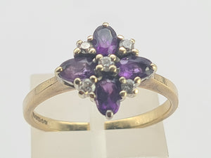 0736: Vintage; 9ct Gold Rich Purple Amethyst Diamonds Geometric Set Cocktail Ring- sparkling symmetry