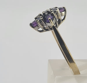 0736: Vintage; 9ct Gold Rich Purple Amethyst Diamonds Geometric Set Cocktail Ring- sparkling symmetry