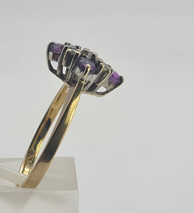 0736: Vintage; 9ct Gold Rich Purple Amethyst Diamonds Geometric Set Cocktail Ring- sparkling symmetry