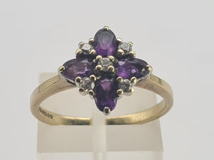 0736: Vintage; 9ct Gold Rich Purple Amethyst Diamonds Geometric Set Cocktail Ring- sparkling symmetry