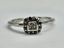 Load image into Gallery viewer, 0256: Vintage 9ct White Gold 12 Black Diamonds 4 Diamonds Geometric Set Ring- petite,&nbsp; crisp, sparkling
