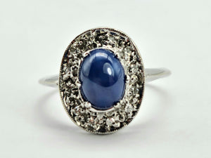 0923: Vintage: 14ct White Gold Cornflower Blue Star Sapphire Diamonds Ring- very special