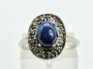 0923: Vintage: 14ct White Gold Cornflower Blue Star Sapphire Diamonds Ring- very special