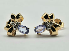 Load image into Gallery viewer, 0929: Vintage 9ct Gold &quot;Bow Tie&quot; Tanzanite Diamond Stud Earrings- delightful ear candy
