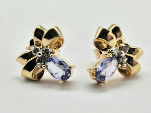 0929: Vintage 9ct Gold "Bow Tie" Tanzanite Diamond Stud Earrings- delightful ear candy