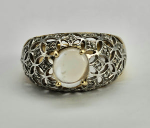 0649: Vintage: 9ct Gold Pale Blue Moonstone 32 Diamonds Dress Ring- lovely combination,