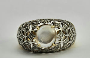 0649: Vintage: 9ct Gold Pale Blue Moonstone 32 Diamonds Dress Ring- lovely combination,