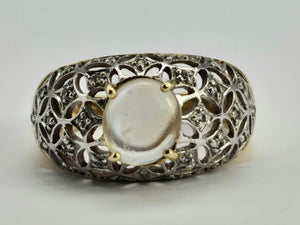 0649: Vintage: 9ct Gold Pale Blue Moonstone 32 Diamonds Dress Ring- lovely combination,