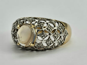 0649: Vintage: 9ct Gold Pale Blue Moonstone 32 Diamonds Dress Ring- lovely combination,