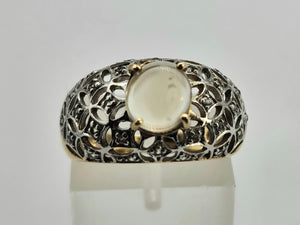 0649: Vintage: 9ct Gold Pale Blue Moonstone 32 Diamonds Dress Ring- lovely combination,