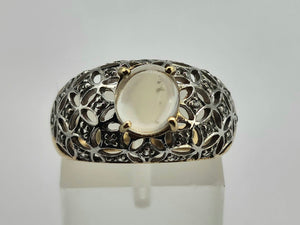 0649: Vintage: 9ct Gold Pale Blue Moonstone 32 Diamonds Dress Ring- lovely combination,