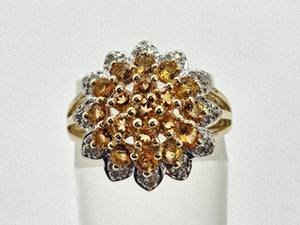 0774:Vintage: Sensational 9ct Gold 19  Citrines 36 Diamonds Floral Cluster Ring