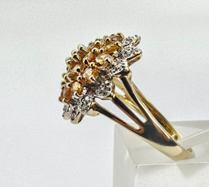 0774:Vintage: Sensational 9ct Gold 19  Citrines 36 Diamonds Floral Cluster Ring