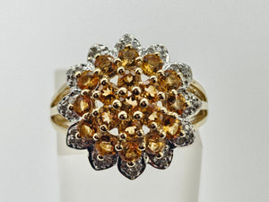 0774:Vintage: Sensational 9ct Gold 19  Citrines 36 Diamonds Floral Cluster Ring