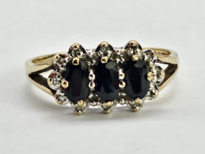 0787: Vintage: 9ct Gold Blue Sapphires Diamonds Dress Ring- Date-Mark 1988