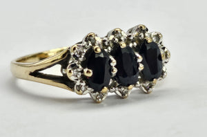 0787: Vintage: 9ct Gold Blue Sapphires Diamonds Dress Ring- Date-Mark 1988