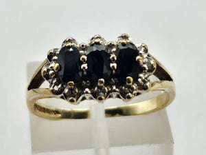 0787: Vintage: 9ct Gold Blue Sapphires Diamonds Dress Ring- Date-Mark 1988